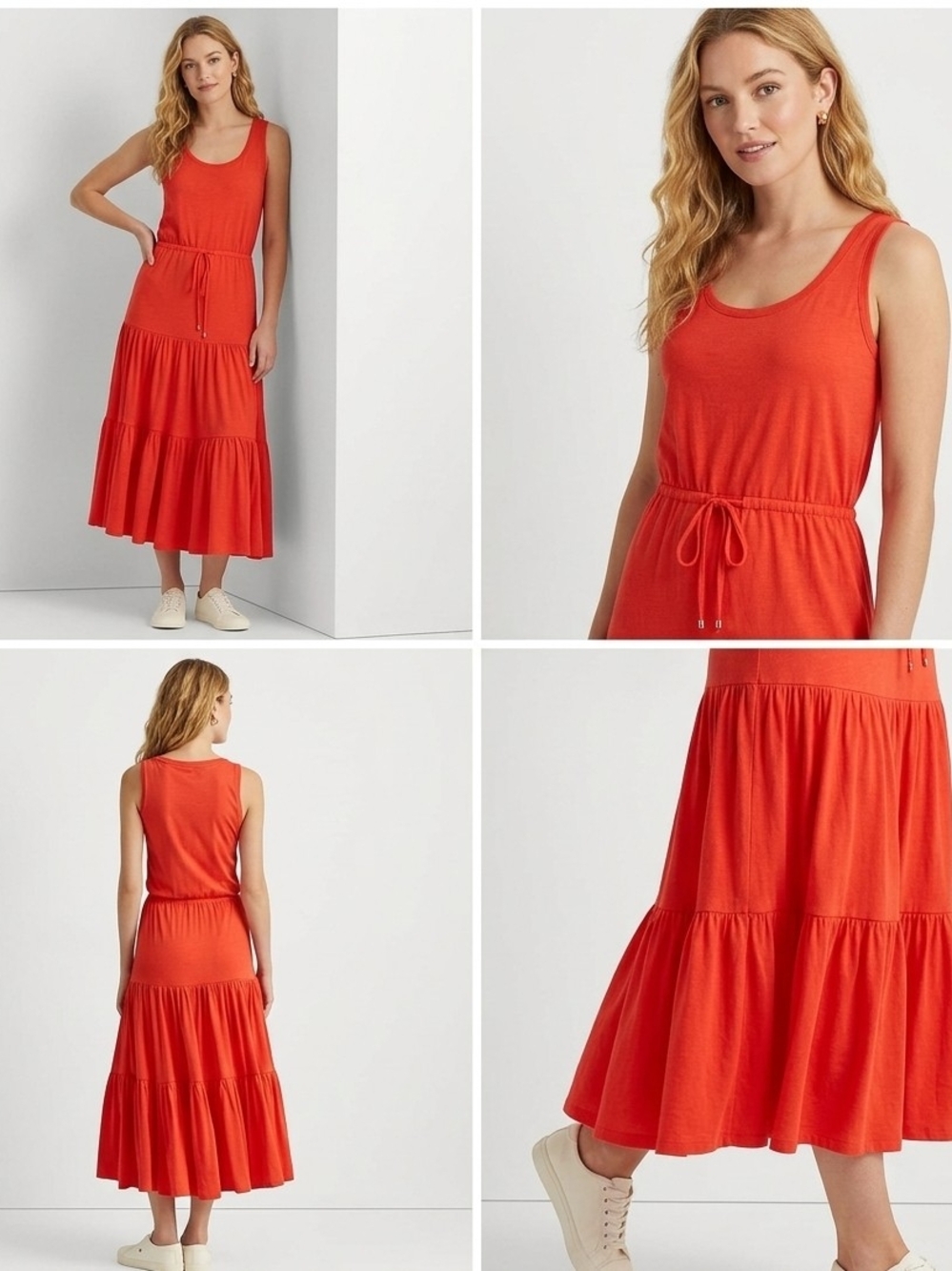 LAUREN RALPH LAUREN Sleeveless Tiered Red Orange Midi Dress w Drawstring Waist